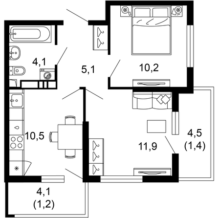 Планировка 2-комн 44,4 м²