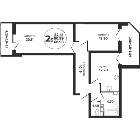 Планировка 2-комн 66,93 м²