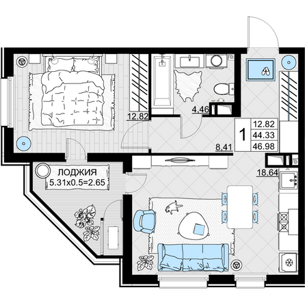 Планировка 1-комн 46,98 м²