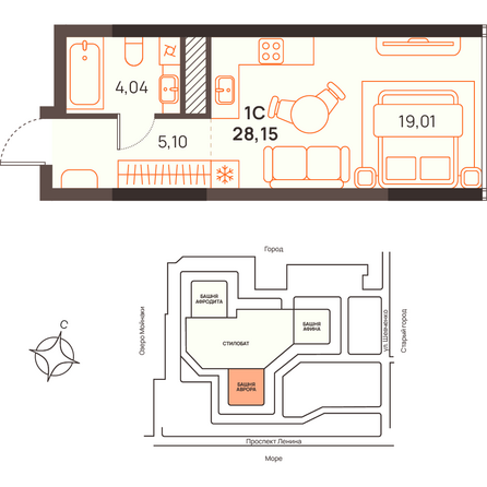 Планировка Студия 28,15, 28,77 м²