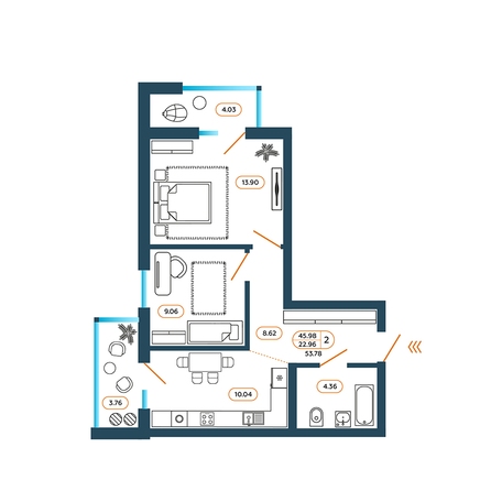 Планировка 2-комн 53,78 м²