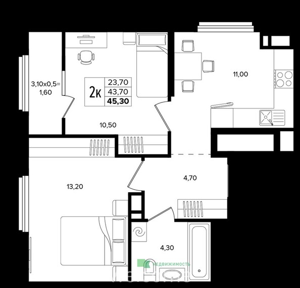 Планировка 1-комн 45,3 м²