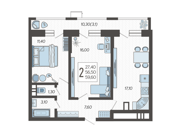 Планировка 2-комн 59,6 м²