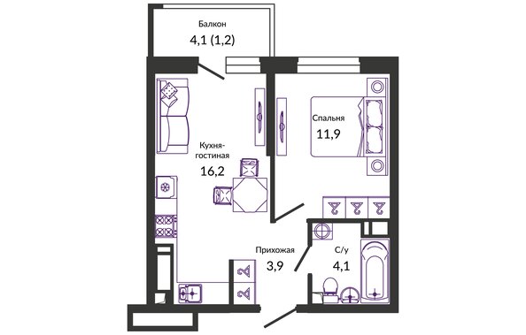 Планировка 1-комн 37,3 м²