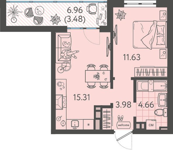 Планировка 1-комн 39,06 м²
