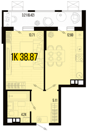 Планировка 1-комн 38,87 - 39,38 м²