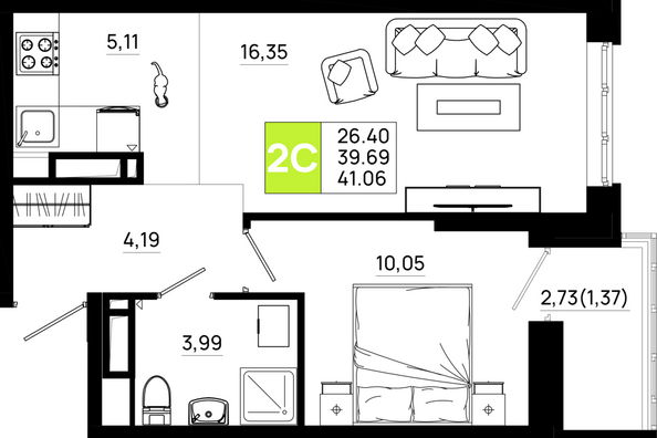 Планировка 1-комн 41,06 м²