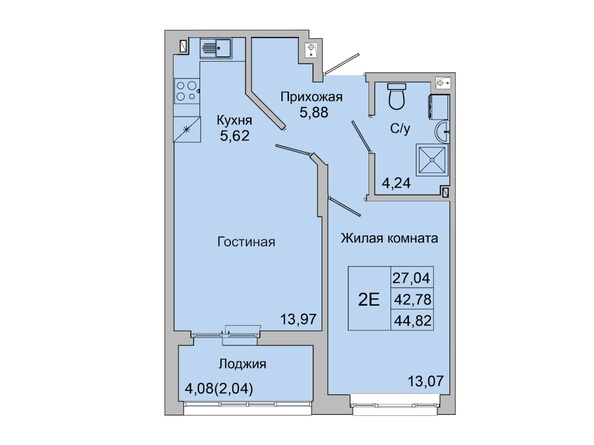 Планировка 2-комн 43,71 - 44,82 м²