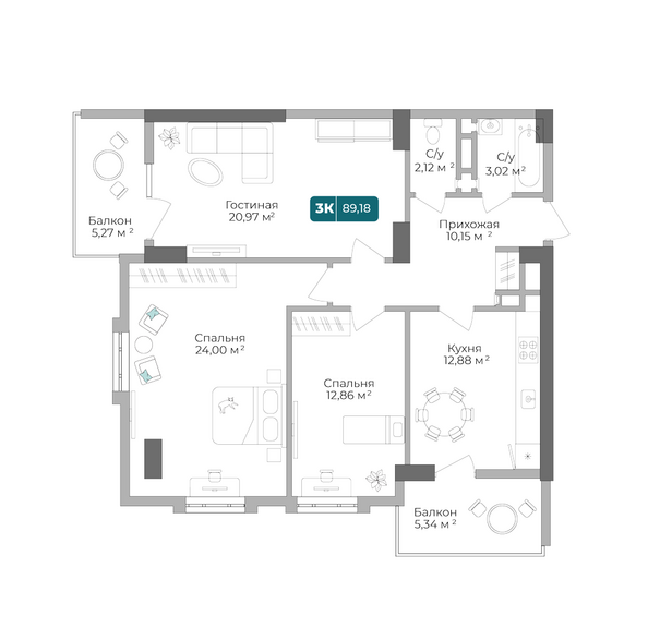 Планировка 3-комн 89,18 м²