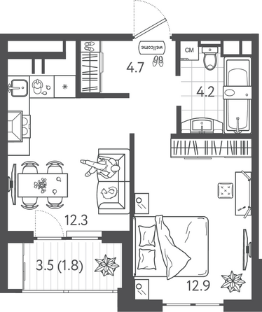 Планировка 1-комн 35,9 м²
