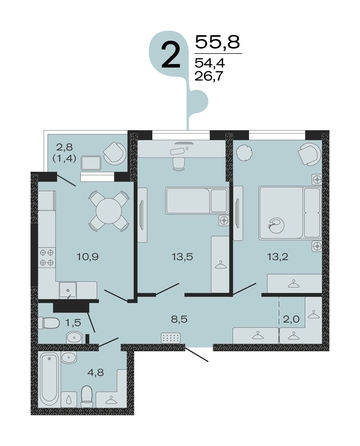 Планировка 2-комн 55,8 м²