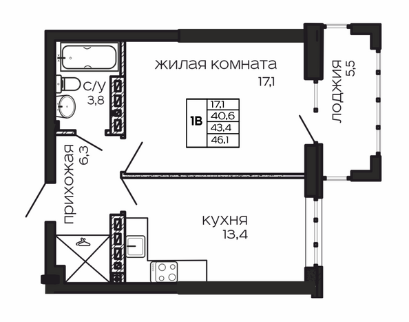 Планировка 1-комн 46,1 м²