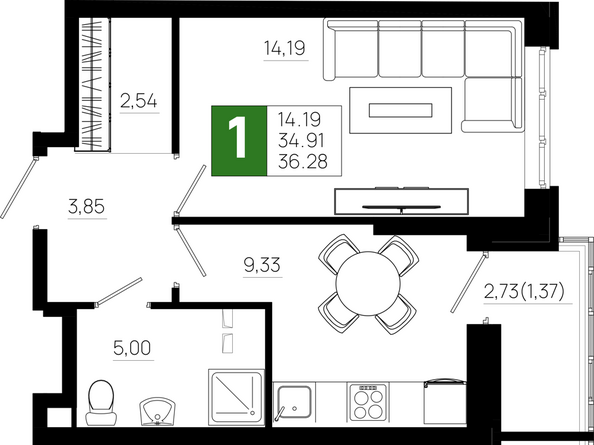 Планировка 1-комн 36,28 м²