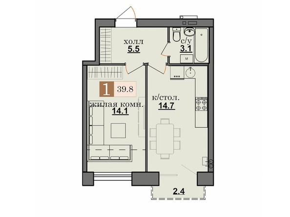 Планировка 1-комн 39,8 м²