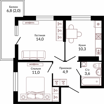 Планировка 2-комн 45,8 м²