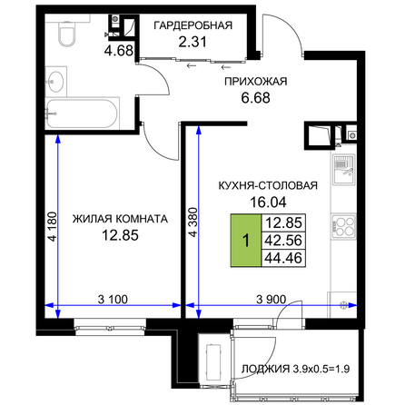 Планировка 1-комн 44,46 м²