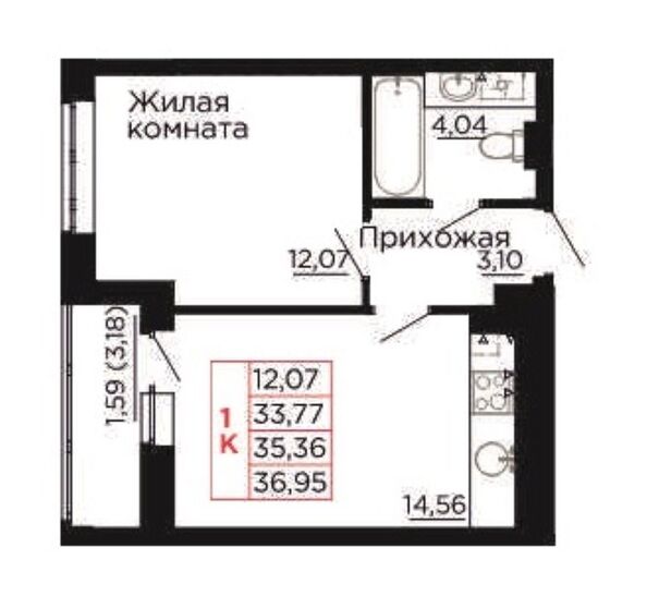 Планировка 1-комн 35,36 м²