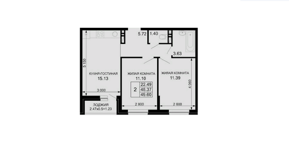 Планировка 2-комн 49,6 - 50,53 м²