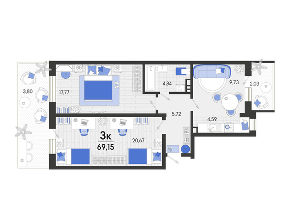 Планировка 3-комн 69,15 м²