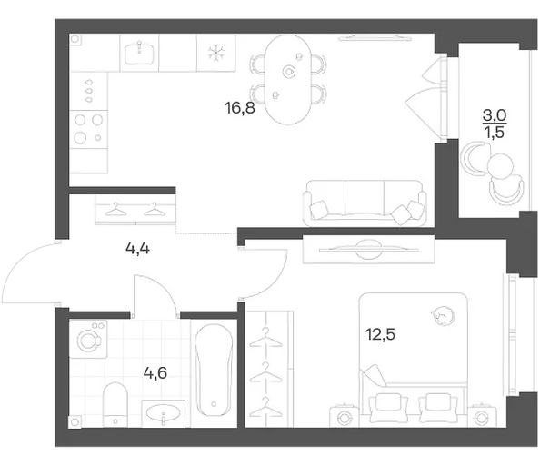 Планировка 1-комн 39,8 м²