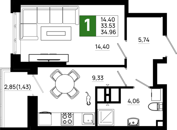 Планировка 1-комн 34,96 м²