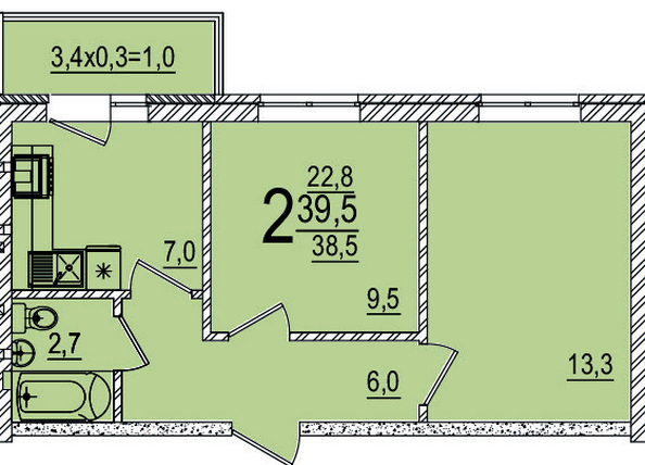 Планировка 2-комн 39,5 м²
