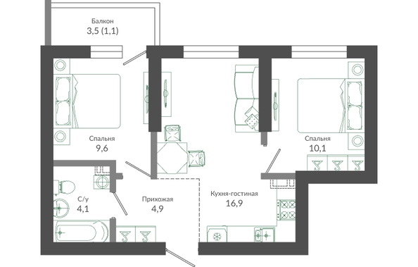 Планировка 2-комн 46,7 м²