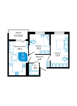 Планировка 2-комн 61,3, 61,5 м²