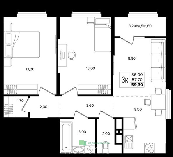 Планировка 3-комн 59,3 м²