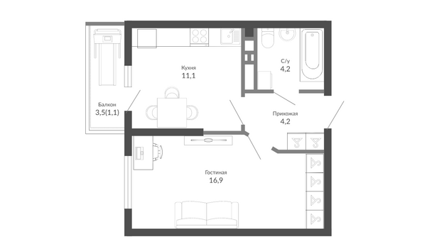 Планировка 1-комн 37,8 м²