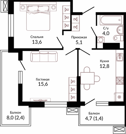 Планировка 2-комн 54,9 м²