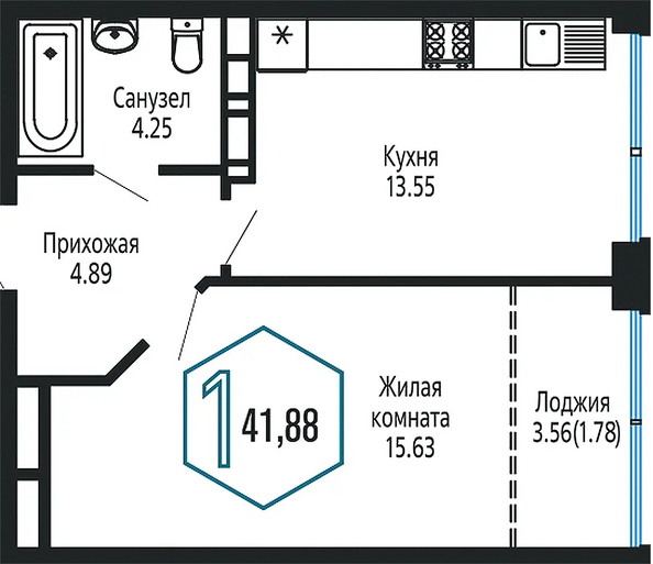 Планировка 1-комн 41,88 м²