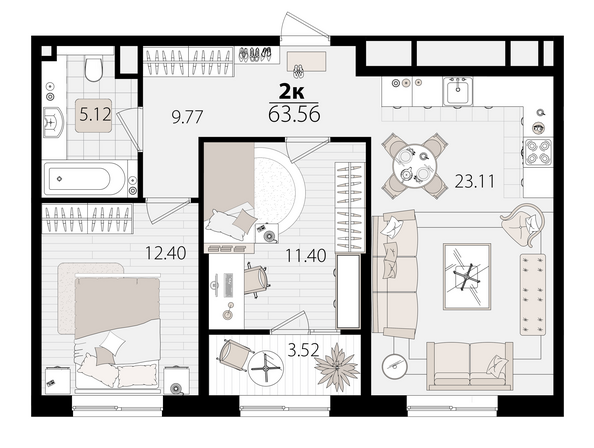 Планировка 2-комн 63,06 м²