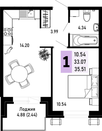 Планировка 1-комн 35,51 м²