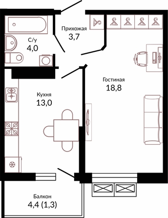 Планировка 1-комн 40,8 м²