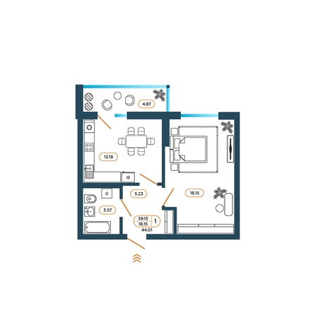 Планировка 1-комн 44,01 м²