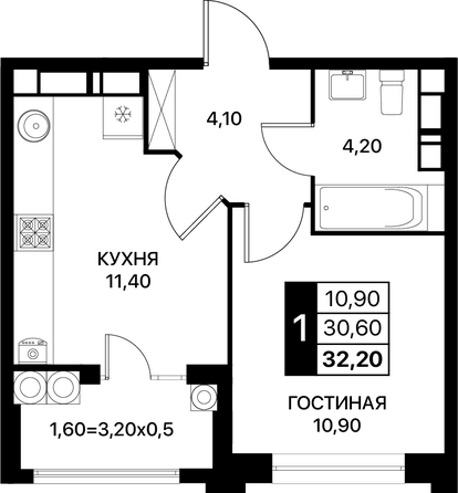Планировка 1-комн 32,2, 34,2 м²