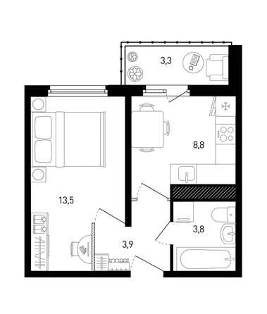 Планировка 1-комн 31,6, 32,6 м²