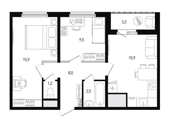 Планировка 2-комн 54,7 м²