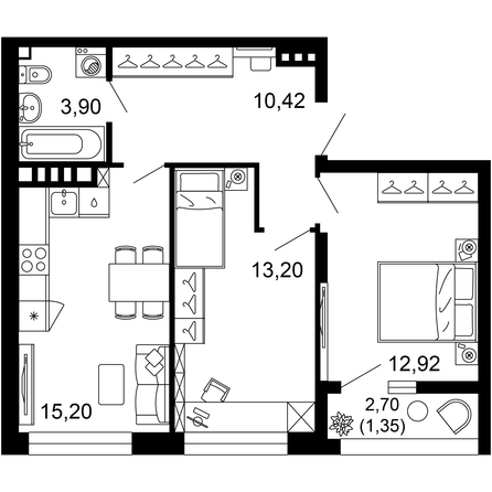 Планировка 2-комн 56,98 м²