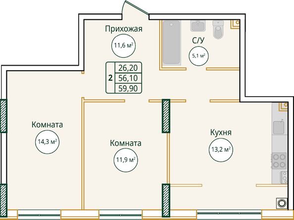 Планировка 2-комн 59,9 м²