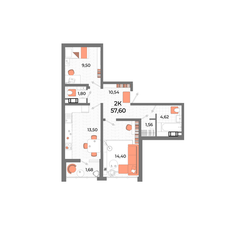 Планировка 2-комн 56,8 м²