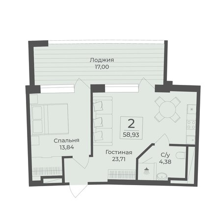 Планировка 2-комн 58,93 м²