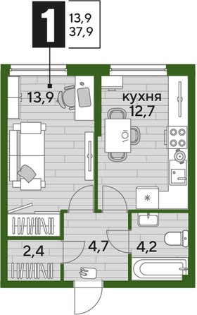 Планировка 1-комн 37,9 м²