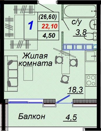 Планировка 1-комн 26,6 м²