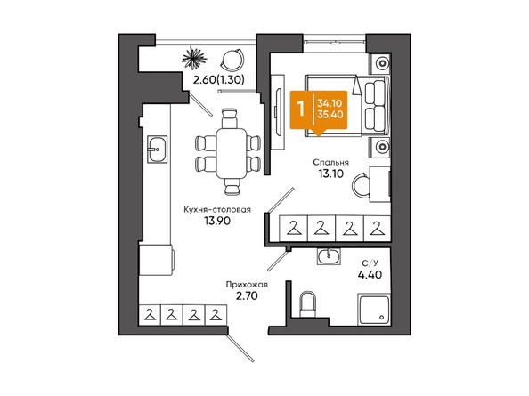Планировка 1-комн 35,4 м²