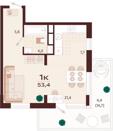 Планировка 1-комн 53,4 м²