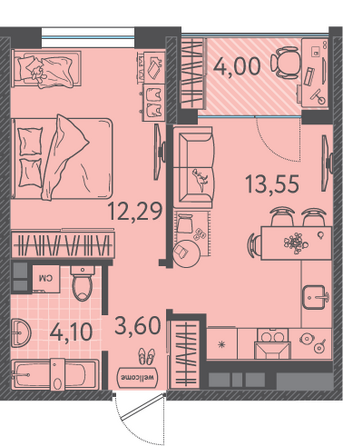 Планировка 1-комн 34,95, 35,35 м²
