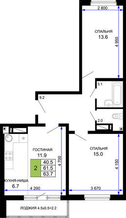 Планировка 2-комн 63,7 м²