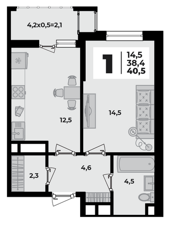 Планировка 1-комн 40,5 м²